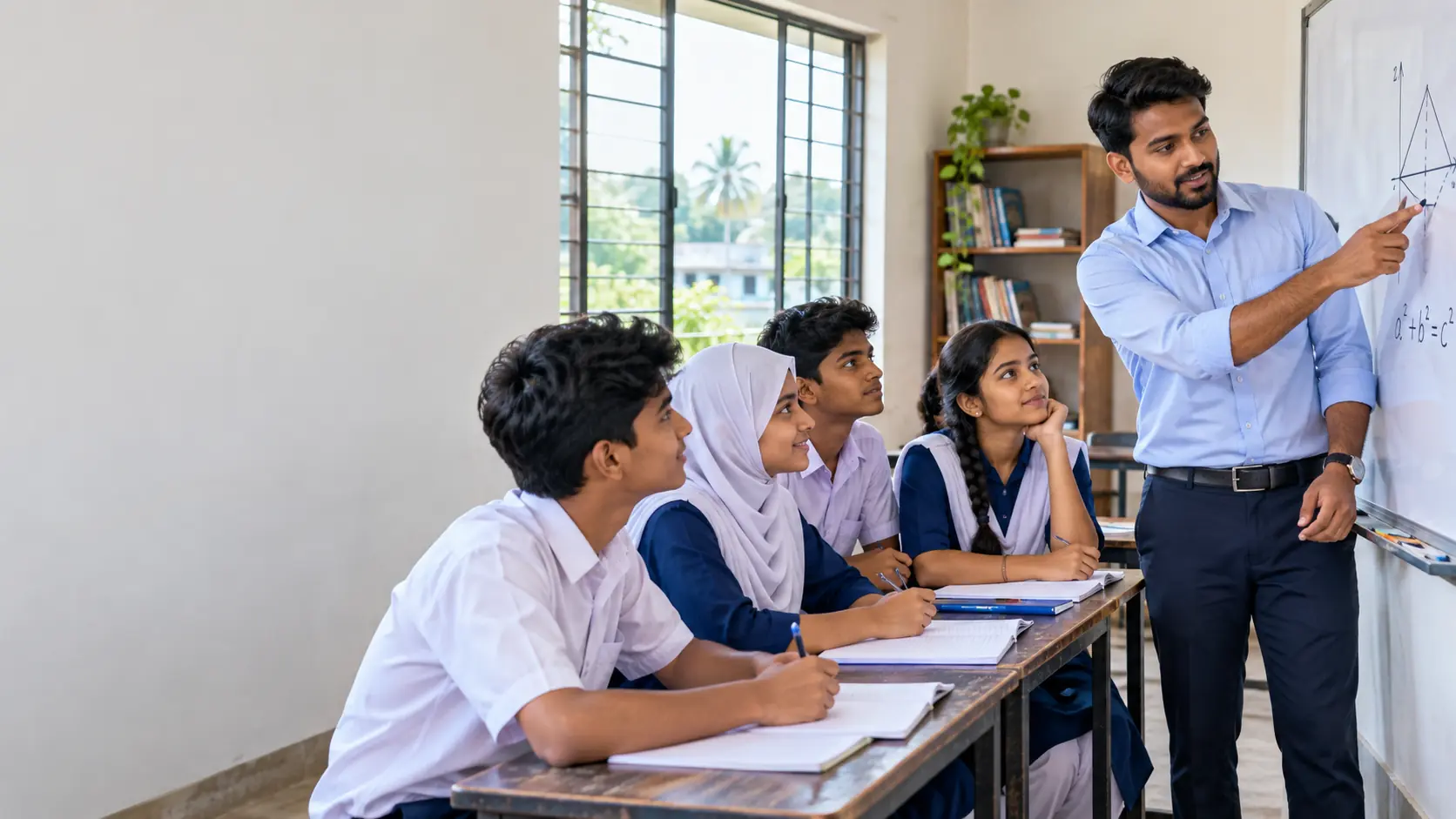 Illustrative classroom photo of a teacher guiding students through a lesson