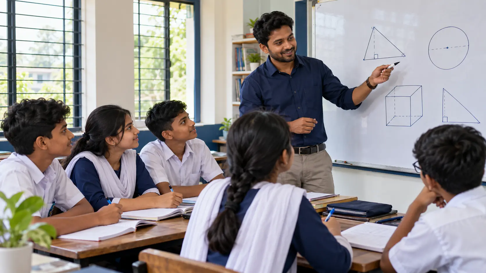 Teacher guiding students through a focused lesson